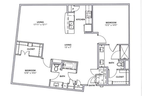 Floor plan for 2 beds, 2 baths, 1220 sqft