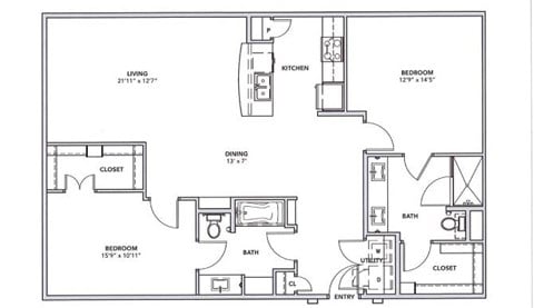 Floor plan for 2 beds, 2 baths, 1331 sqft
