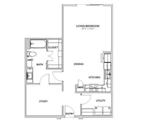Floor plan for studio, 1 bath, 814 sqft