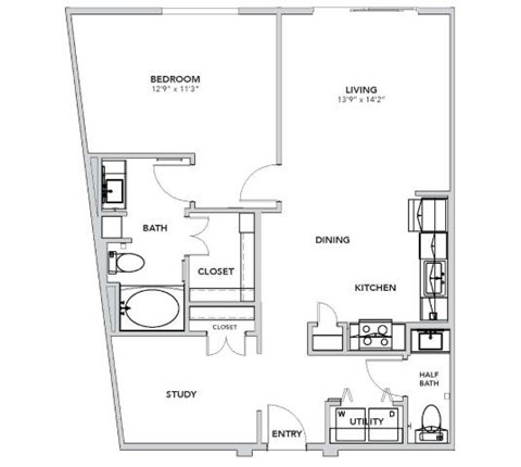 Floor plan for 1 bed, 1.5 baths, 886 sqft