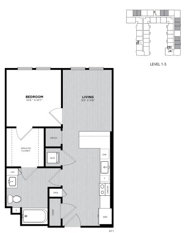 Floor plan for 1 bed, 1 bath, 640 sqft