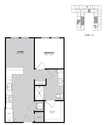 Floor plan for 1 bed, 1 bath, 640 sqft