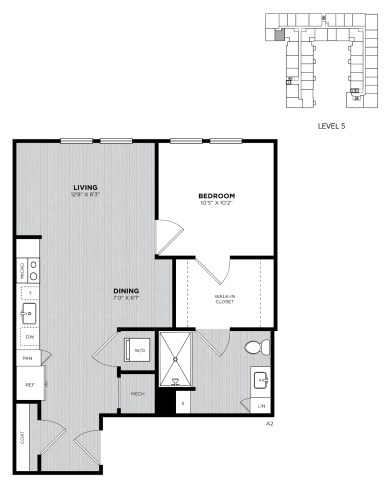 Floor plan for 1 bed, 1 bath, 645 sqft