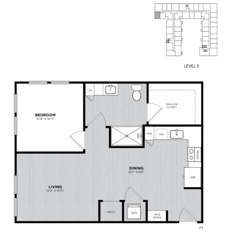 Floor plan for 1 bed, 1 bath, 670 sqft
