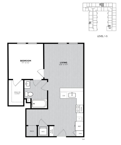 Floor plan for 1 bed, 1 bath, 700 sqft