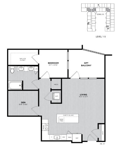 Floor plan for 1 bed, 1 bath, 894 sqft