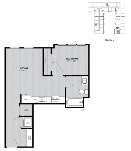 Floor plan for 1 bed, 1 bath, 615 sqft
