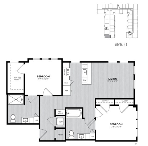 Floor plan for 2 beds, 2 baths, 990 sqft