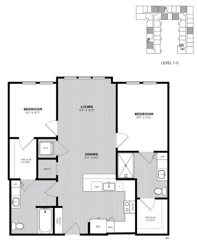 Floor plan for 2 beds, 2 baths, 975 sqft