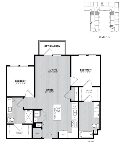Floor plan for 2 beds, 2 baths, 1000 sqft