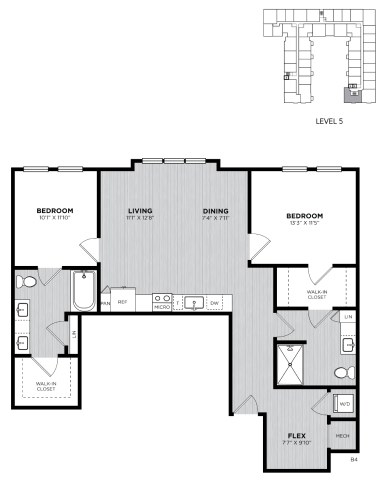 Floor plan for 2 beds, 2 baths, 1170 sqft