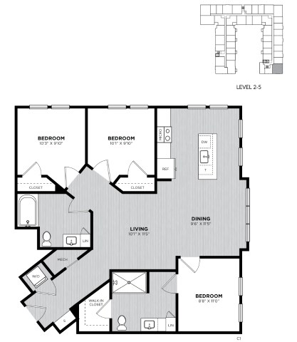Floor plan for 3 beds, 2 baths, 1170 sqft