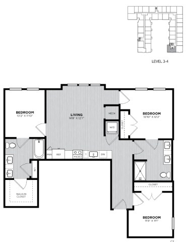 Floor plan for 3 beds, 2 baths, 1220 sqft