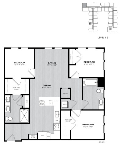 Floor plan for 3 beds, 2 baths, 1190 sqft