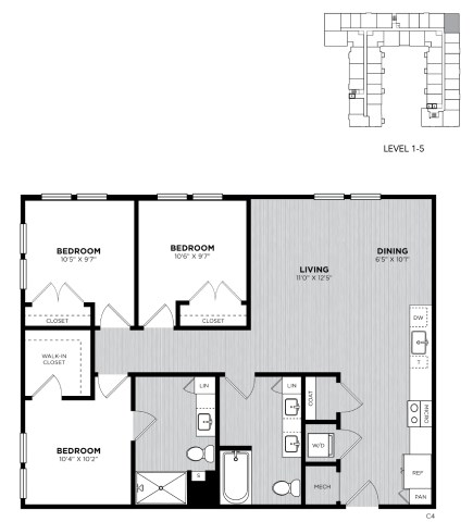 Floor plan for 3 beds, 2 baths, 1200 sqft