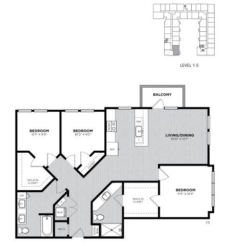 Floor plan for 3 beds, 2 baths, 1300 sqft