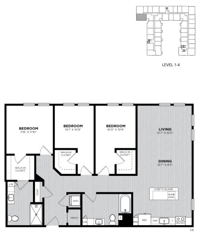 Floor plan for 3 beds, 2 baths, 1450 sqft