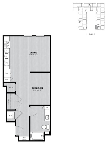 Floor plan for studio, 1 bath, 600 sqft
