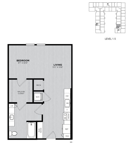 Floor plan for studio, 1 bath, 615 sqft