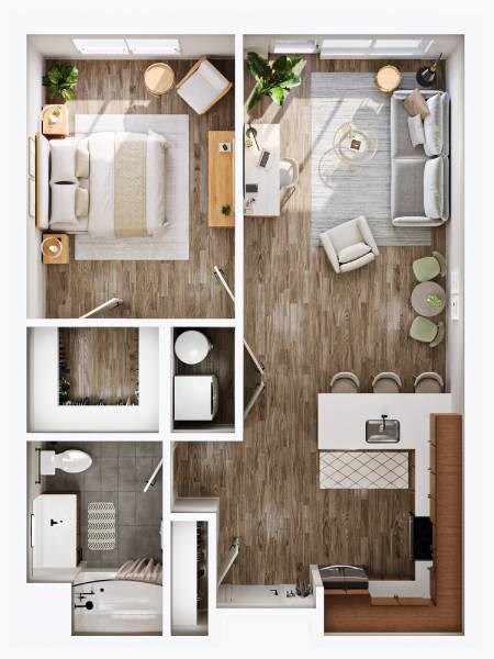 Floor plan for 1 bed, 1 bath, 748 sqft