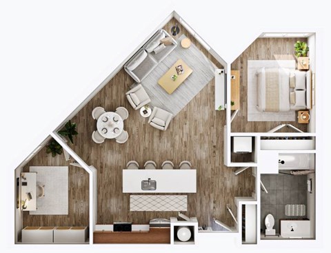 Floor plan for 1 bed, 1 bath, 947 sqft