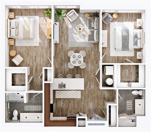 Floor plan for 2 beds, 2 baths, 1217 sqft