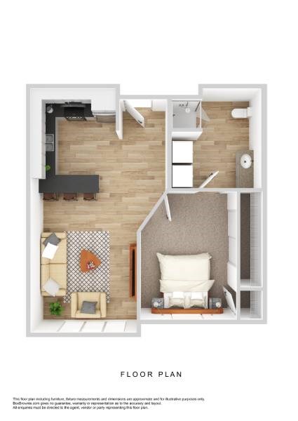 Floor plan for 1 bed, 1 bath, 594 sqft