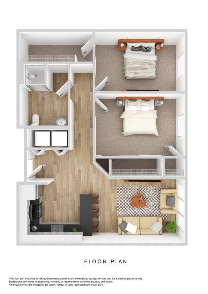 Floor plan for 2 beds, 1 bath, 795 sqft