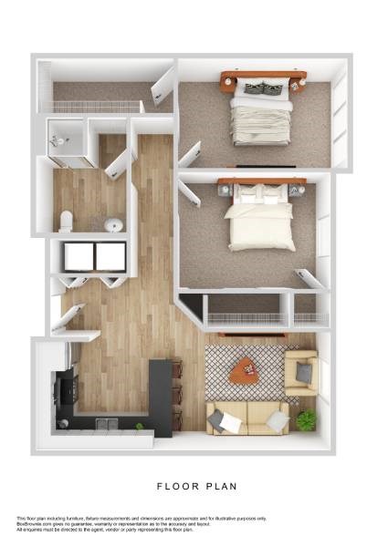Floor plan for 2 beds, 1 bath, 765 sqft