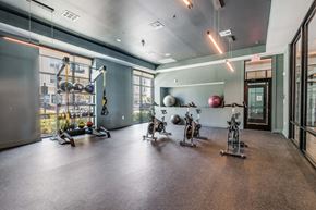 North Richland Hills apartment for rent - A gym with a variety of exercise equipment including a rowing machine, a stationary bike, and a treadmill.