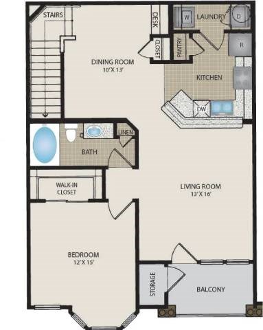 Floor plan for 1 bed, 1 bath, 938 sqft