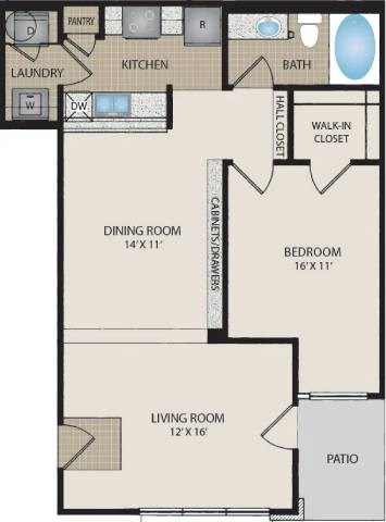 Floor plan for 1 bed, 1 bath, 785 sqft