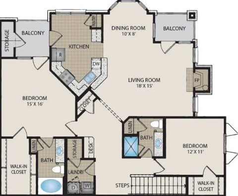 Floor plan for 2 beds, 2 baths, 1429 sqft