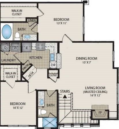 Floor plan for 2 beds, 2 baths, 1043 sqft