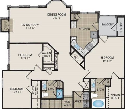 Floor plan for 3 beds, 2 baths, 1673 sqft