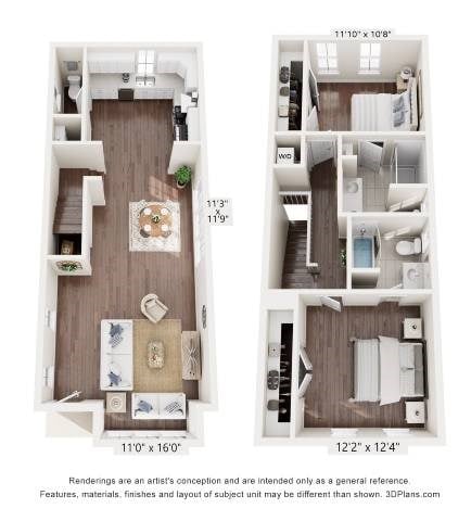 Floor plan for 2 beds, 2.5 baths, 1231 sqft
