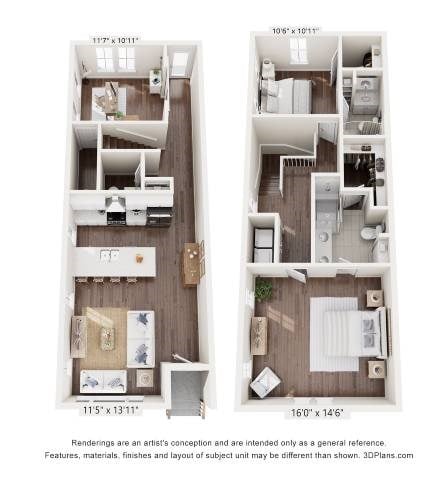 Floor plan for 3 beds, 2.5 baths, 1523 sqft