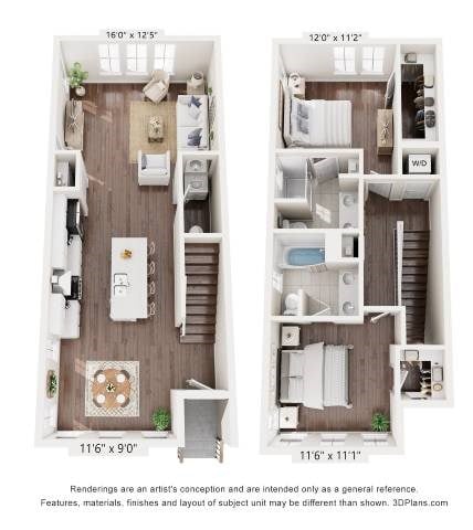 Floor plan for 2 beds, 2.5 baths, 1368 sqft
