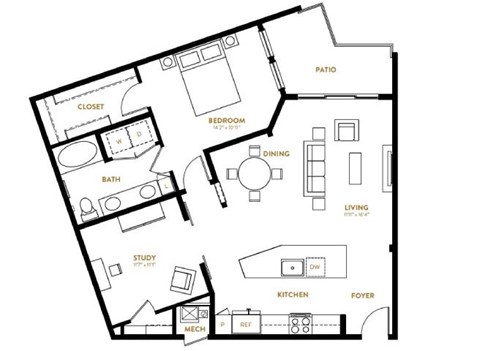 Floor plan for 1 bed, 1 bath, 1047 sqft