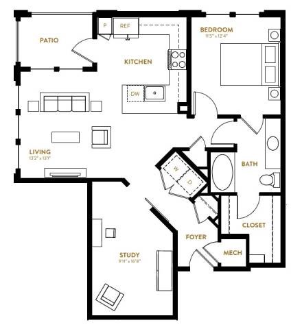 Floor plan for 1 bed, 1 bath, 937 sqft