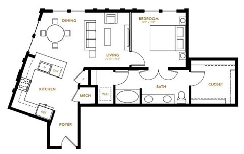 Floor plan for 1 bed, 1 bath, 818 sqft