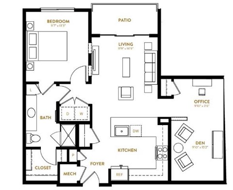 Floor plan for 1 bed, 1 bath, 926 sqft