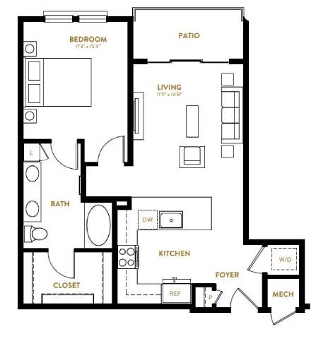 Floor plan for 1 bed, 1 bath, 748 sqft
