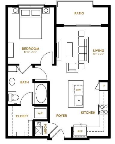Floor plan for 1 bed, 1 bath, 702 sqft