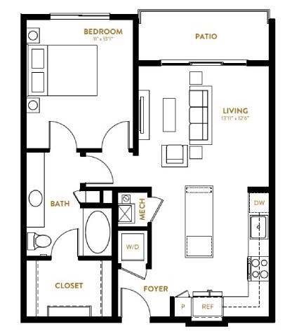 Floor plan for 1 bed, 1 bath, 743 sqft