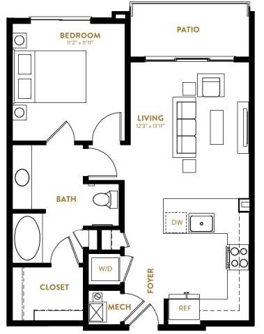 Floor plan for 1 bed, 1 bath, 697 sqft