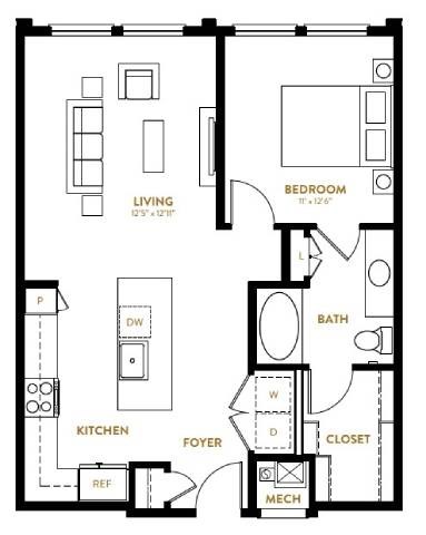 Floor plan for 1 bed, 1 bath, 775 sqft
