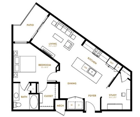 Floor plan for 1 bed, 1 bath, 905 sqft