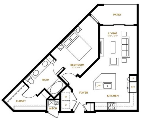 Floor plan for 1 bed, 1 bath, 766 sqft