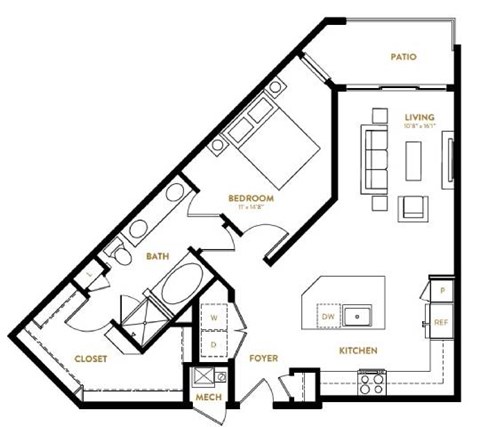 Floor plan for 1 bed, 1 bath, 856 sqft